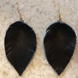 Black leather feather style earrings